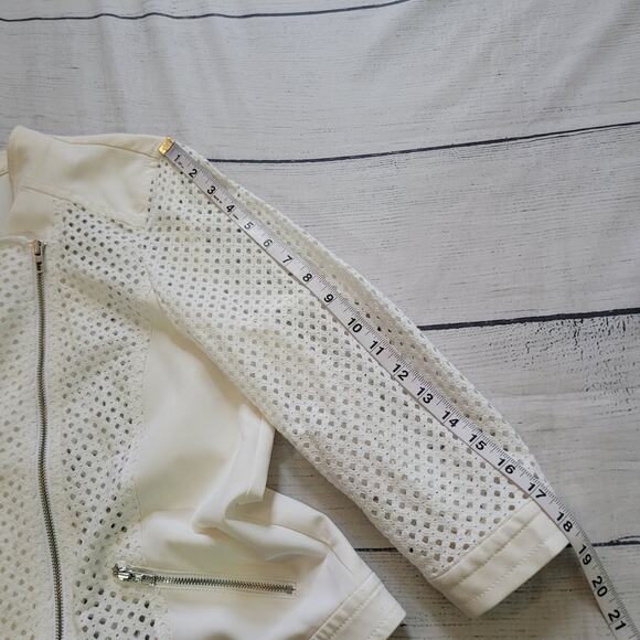Chico's Size 2 US L Diamond Mesh Moto Jacket White Layer Mature Office Zipper - Picture 6 of 10